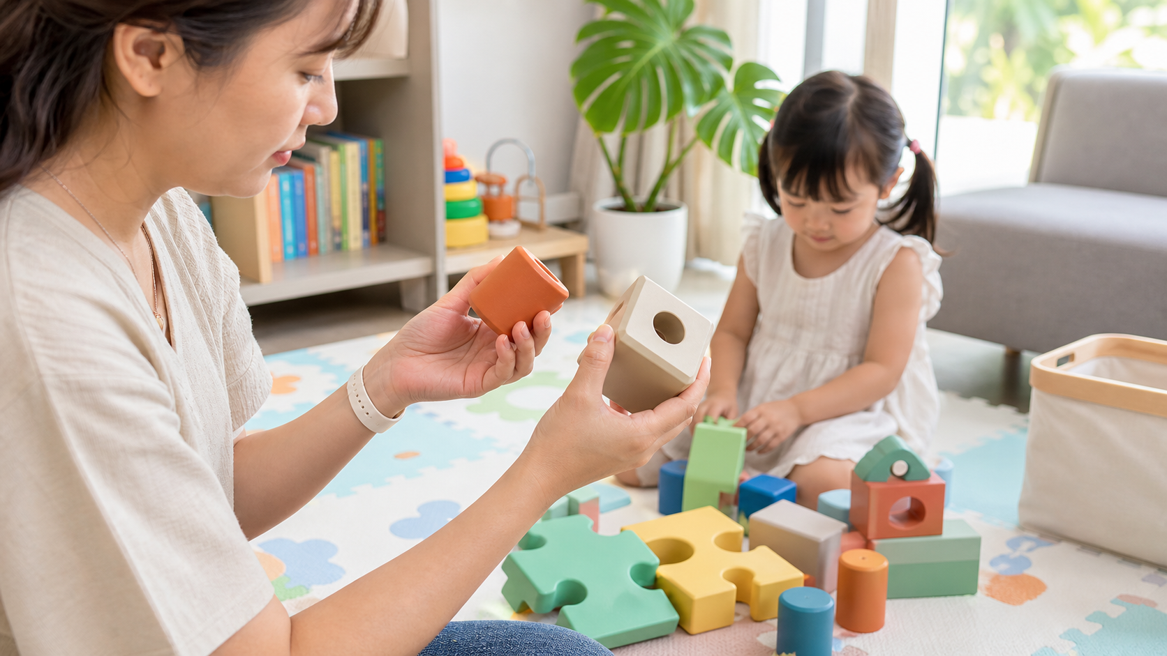 Phụ huynh kiểm tra cạnh bo tròn và chi tiết đồ chơi an toàn cho bé