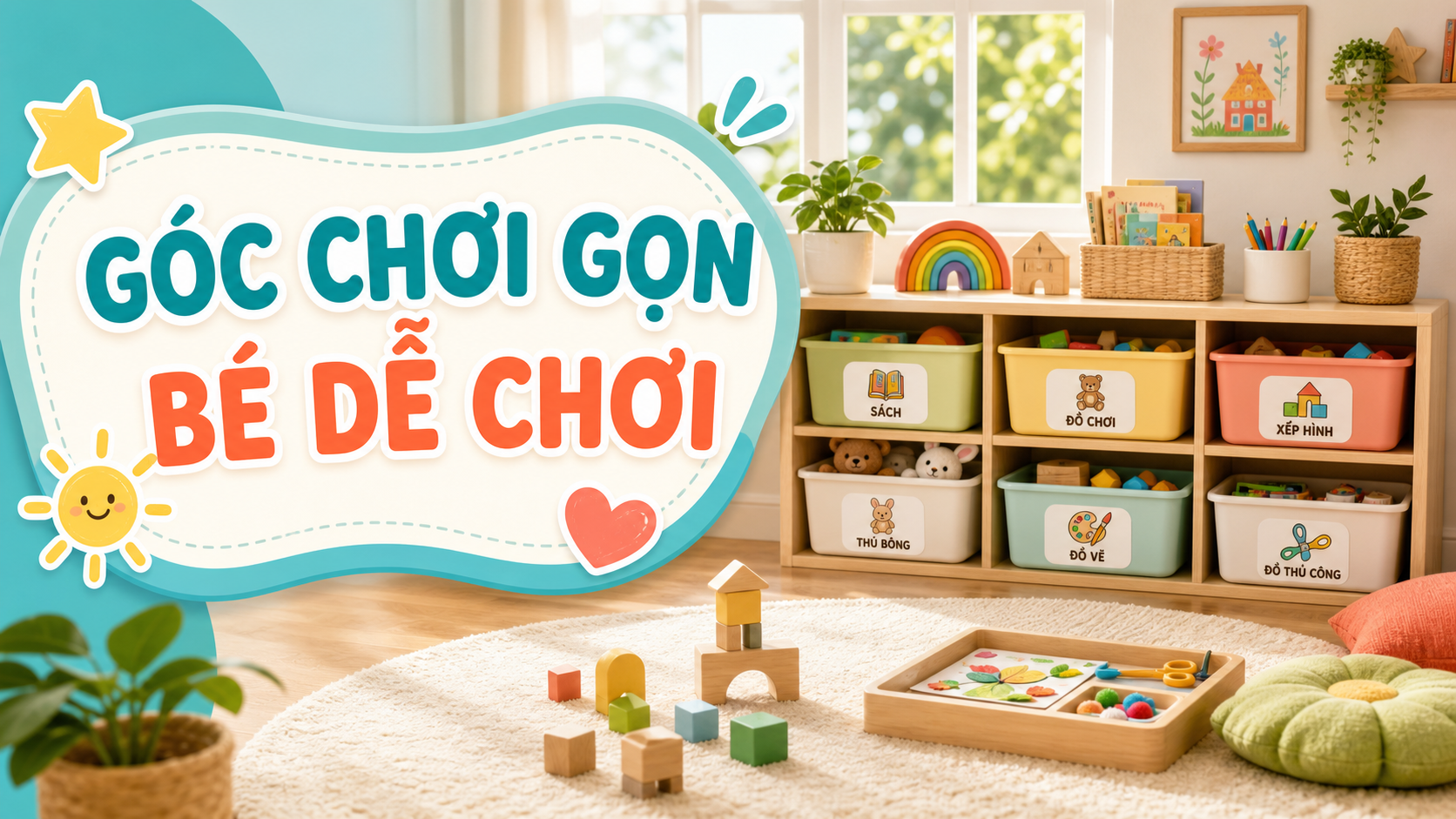 Góc chơi tại nhà cho bé được sắp xếp gọn với kệ thấp và hộp phân loại