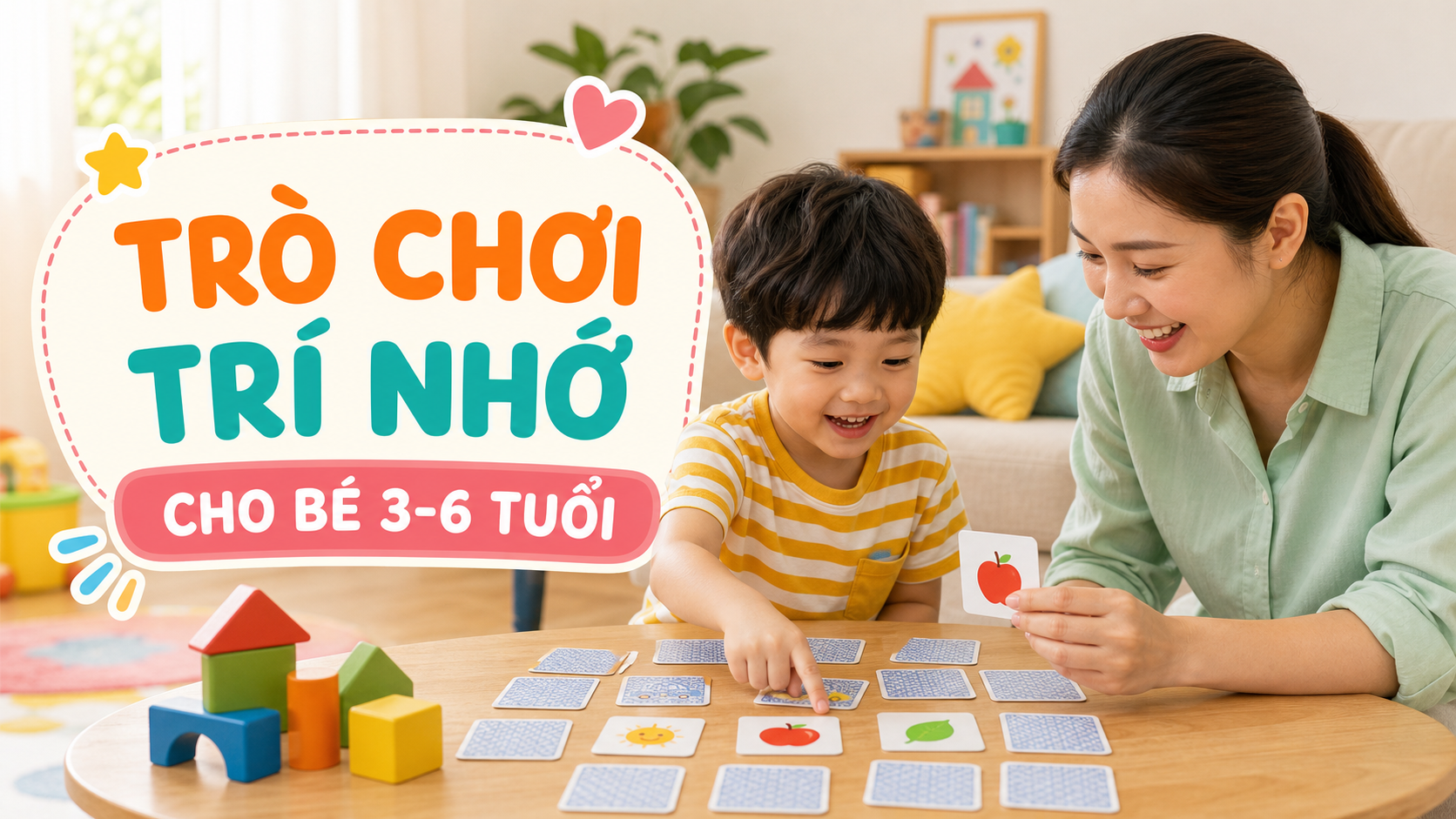 Bé chơi trò tìm cặp thẻ để rèn trí nhớ cùng mẹ tại nhà