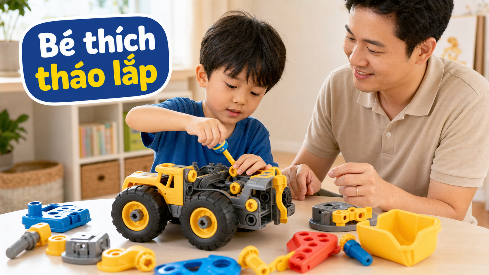 Bé tháo lắp xe đồ chơi an toàn dưới sự quan sát của cha tại nhà