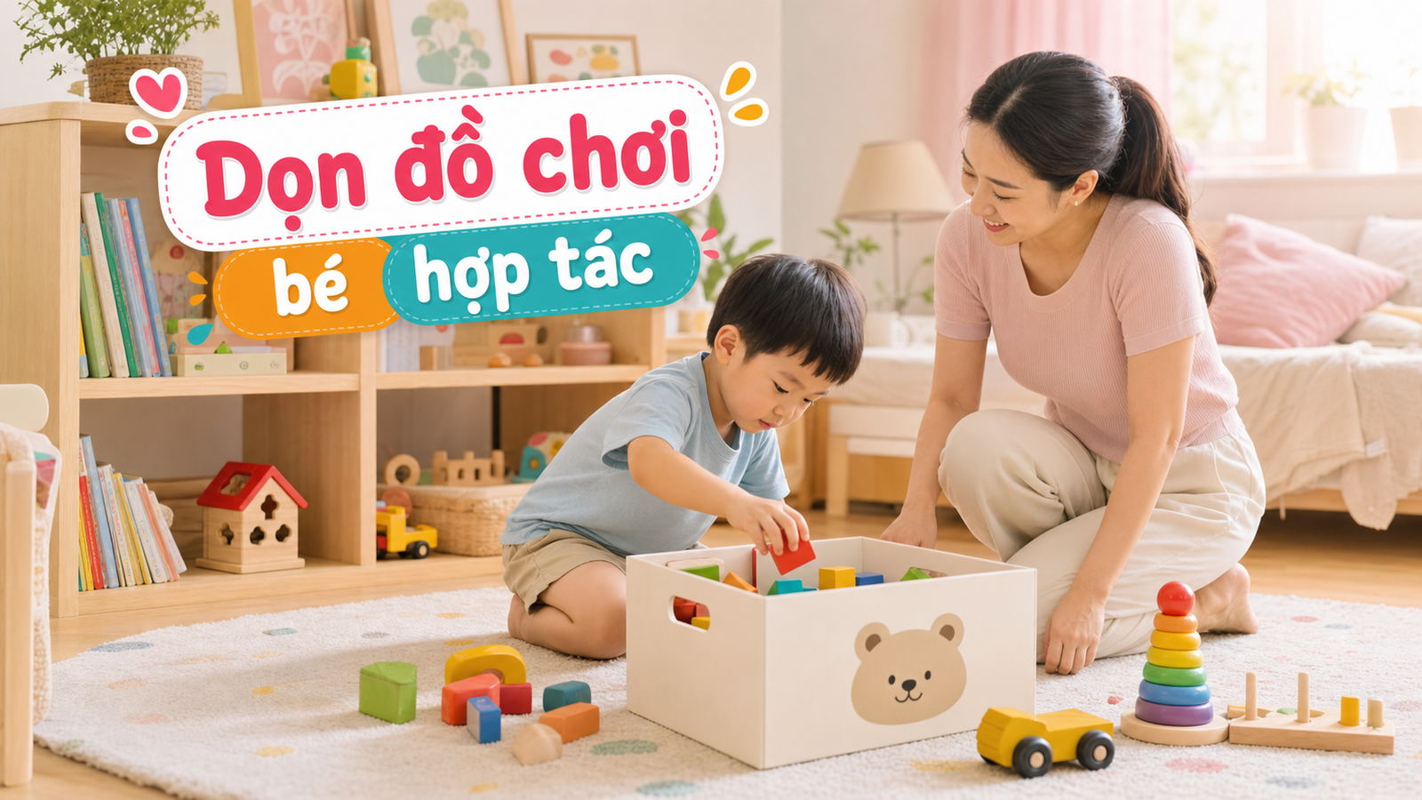 Bé cùng mẹ dọn đồ chơi vào giỏ sau giờ chơi