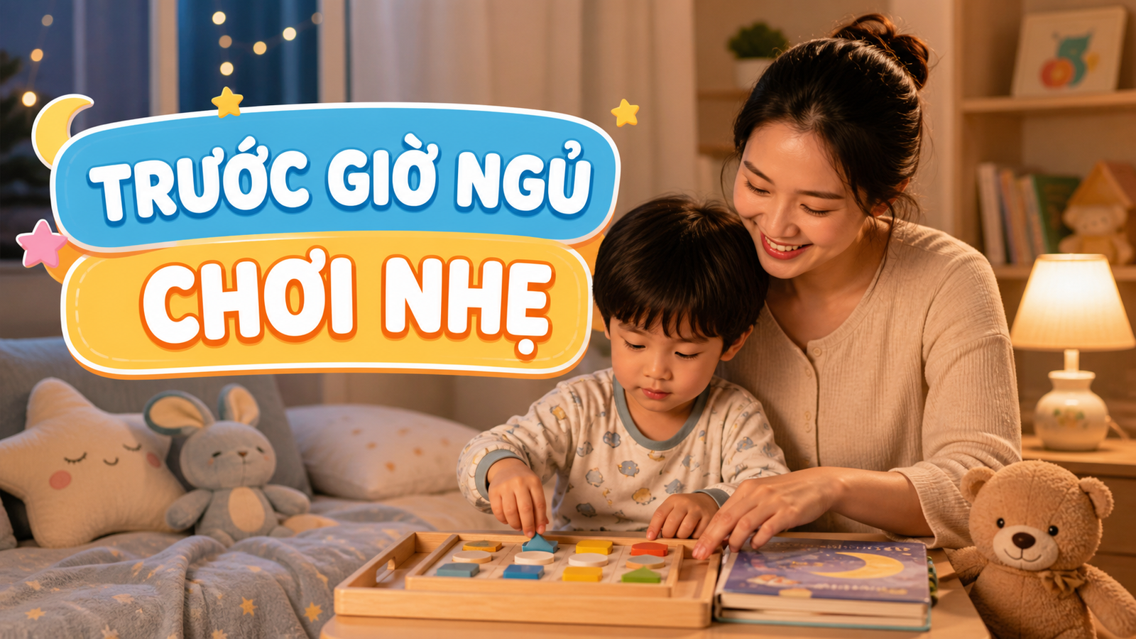 Mẹ cùng bé chơi xếp hình nhẹ trước giờ ngủ