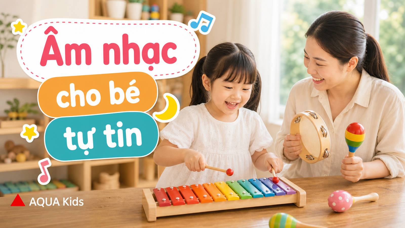 Bé mầm non chơi nhạc cụ đồ chơi an toàn cùng phụ huynh tại nhà