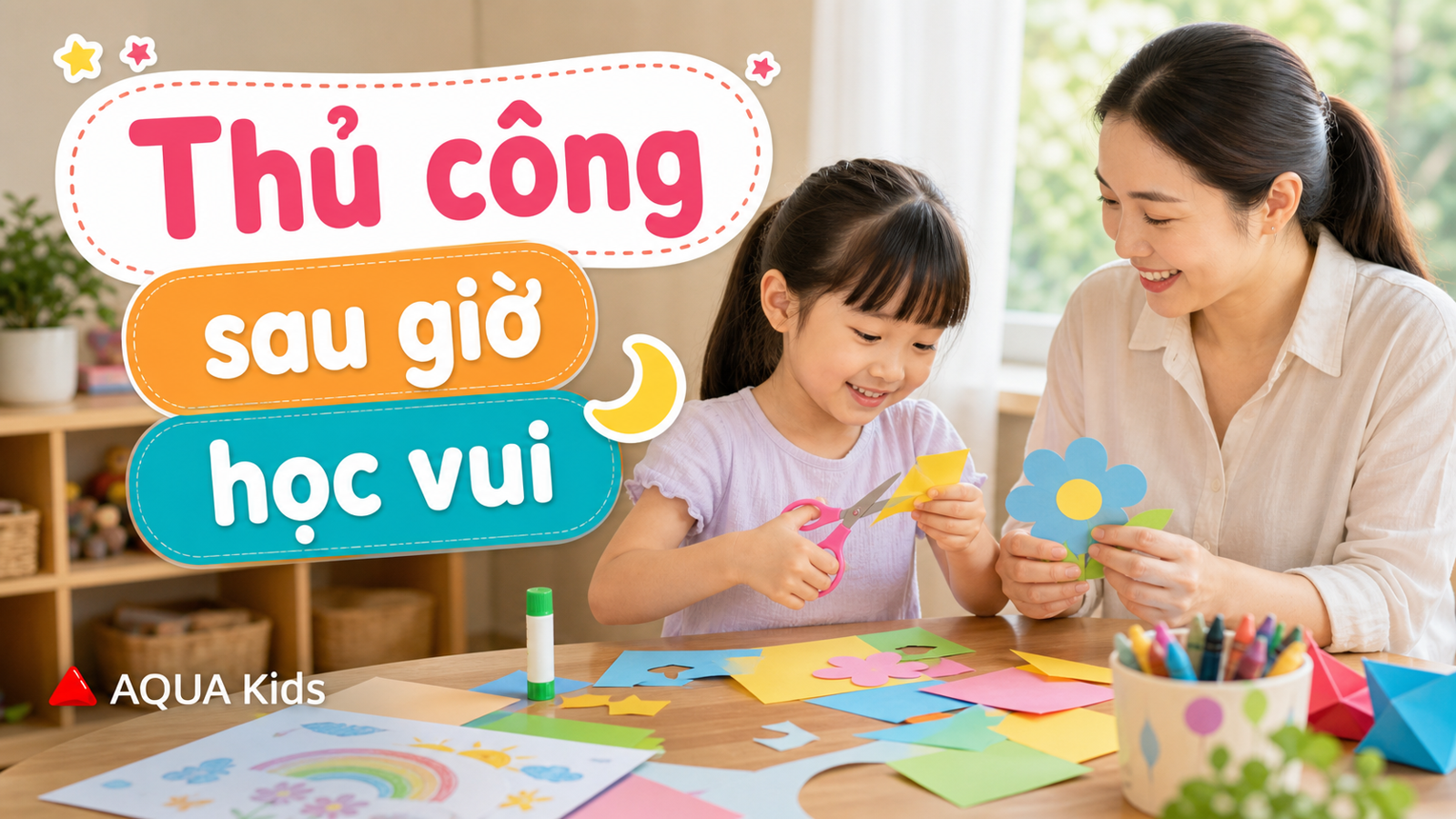 Bé làm đồ chơi thủ công sau giờ học trong góc chơi gọn gàng