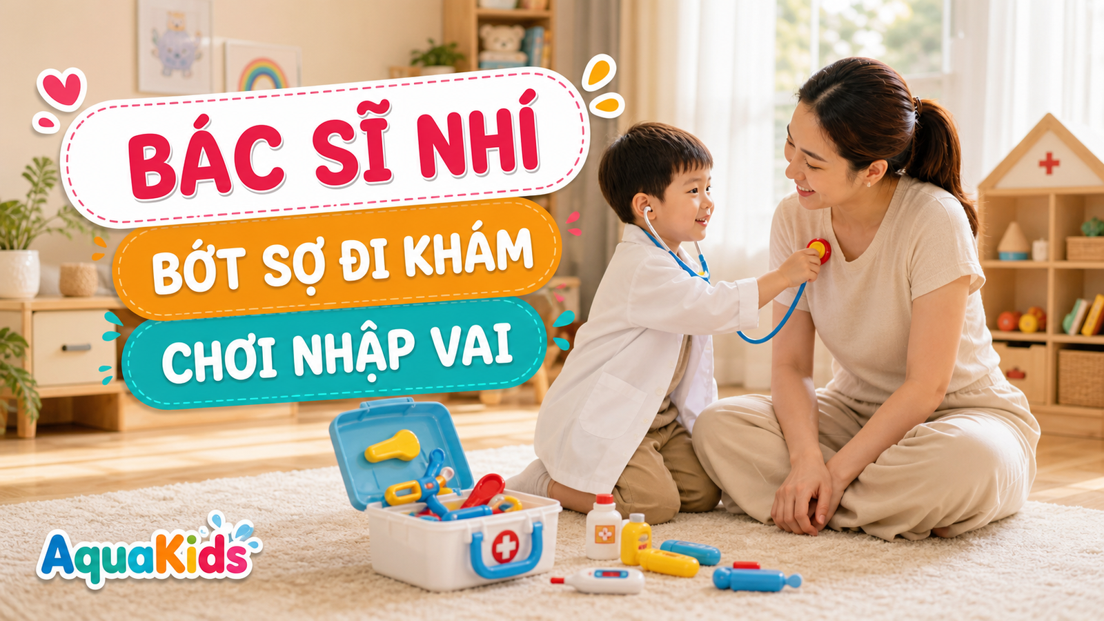 Bé chơi nhập vai bác sĩ cùng phụ huynh với bộ đồ chơi bác sĩ tại nhà