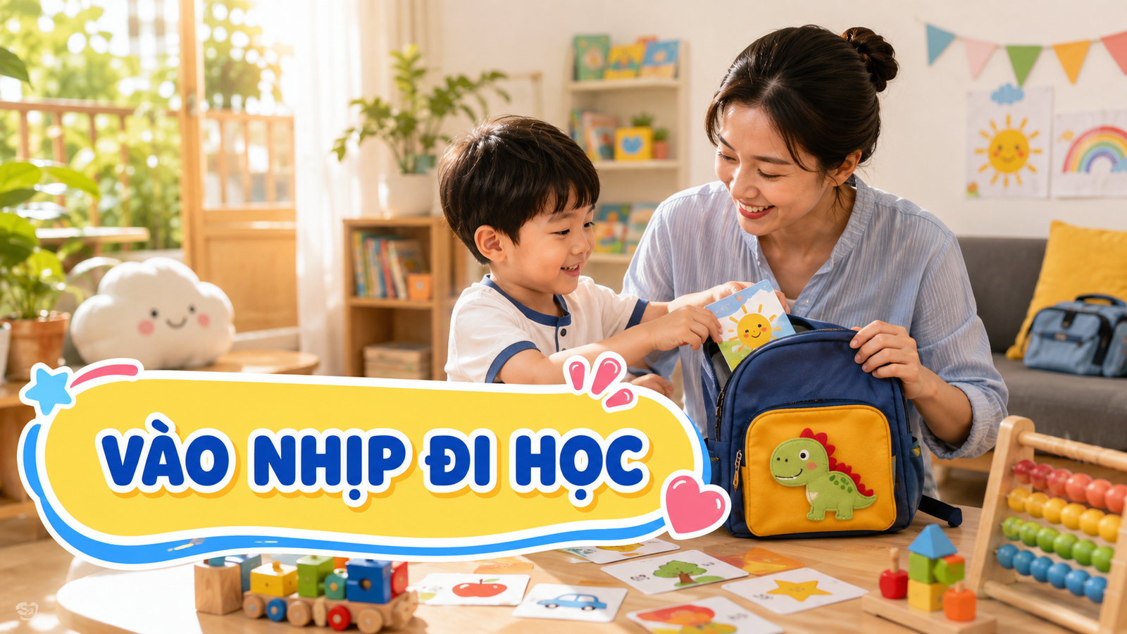 Phụ huynh cùng bé chuẩn bị balo và chơi thẻ hình trước khi đi học lại