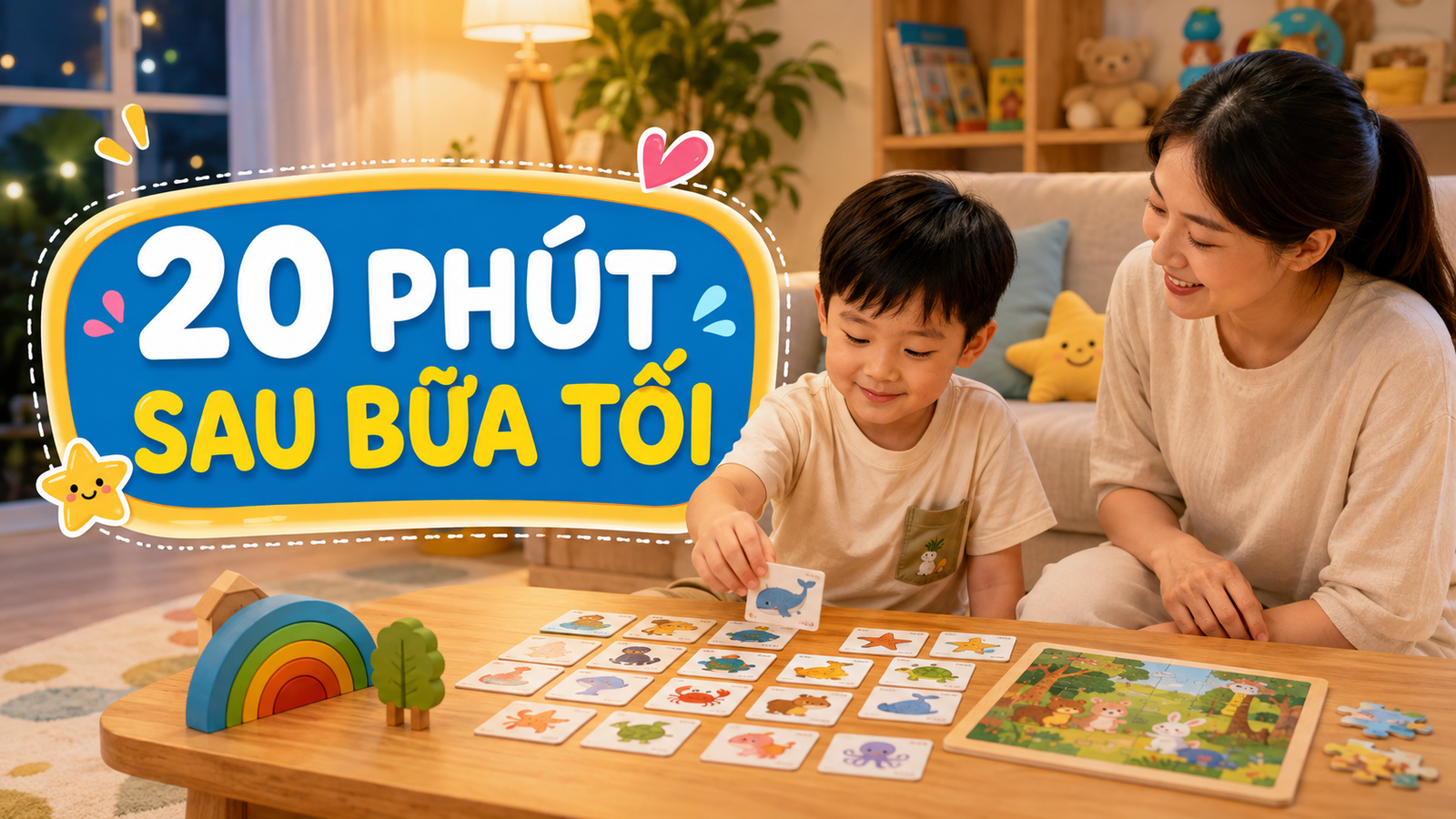 Mẹ và bé chơi thẻ hình và xếp hình nhẹ nhàng sau bữa tối