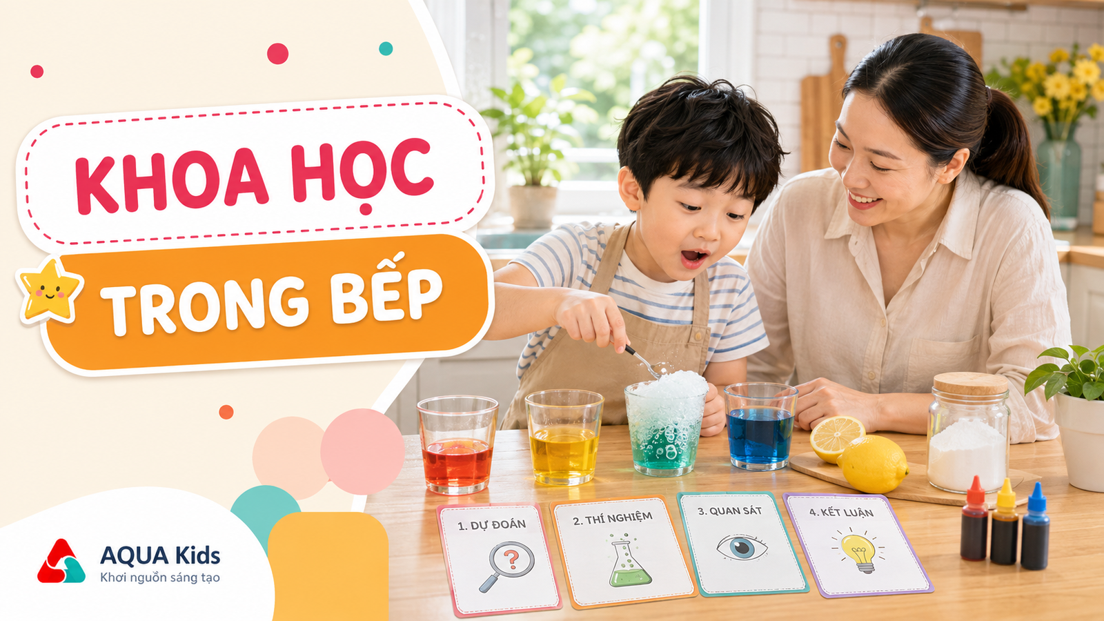 Mẹ và bé làm thí nghiệm khoa học an toàn với nước màu tại bàn bếp