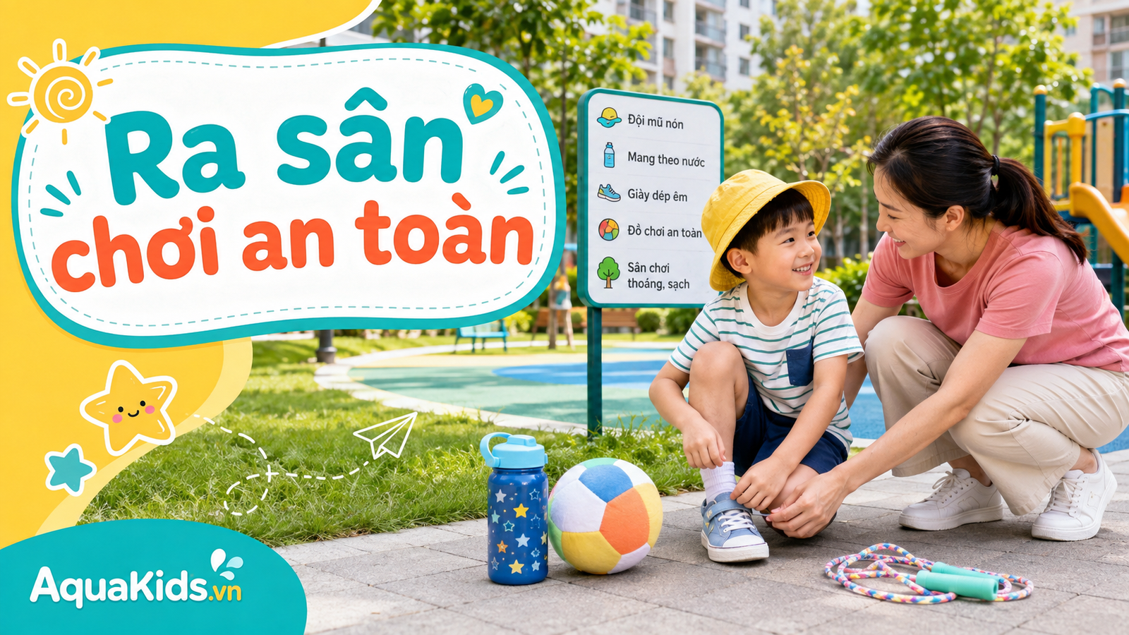 Mẹ kiểm tra giày dép và đồ chơi trước khi bé ra sân chơi ngoài trời