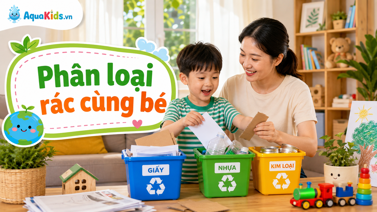 Mẹ và bé phân loại giấy, nhựa và kim loại sạch vào các hộp màu trong góc chơi