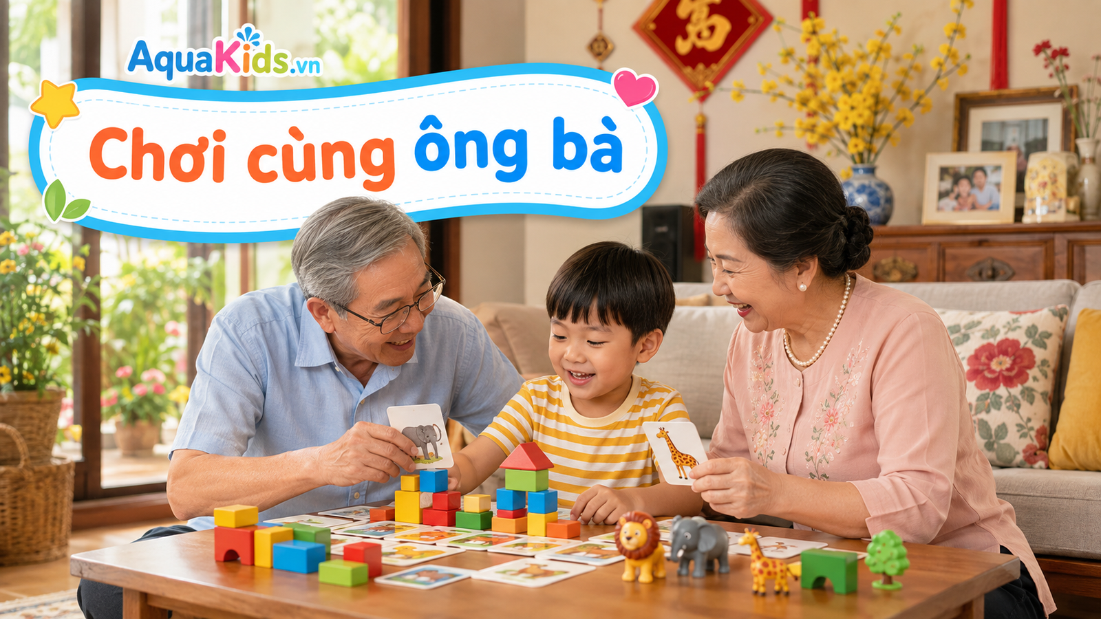 Ông bà và cháu chơi thẻ tranh, khối gỗ và nhân vật nhỏ trong phòng khách