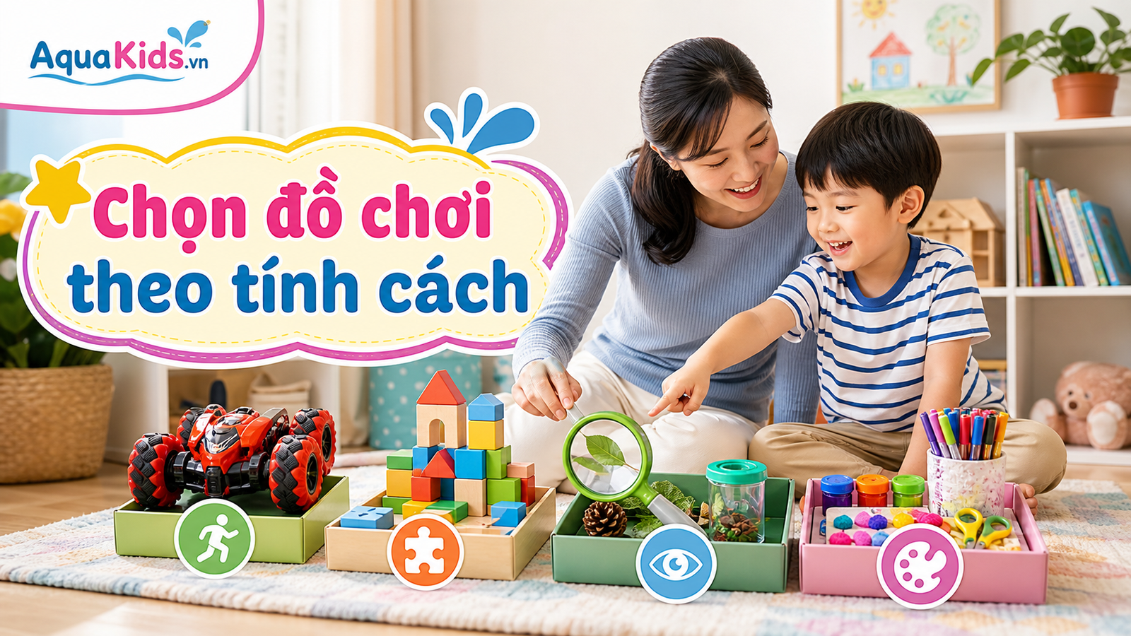 Mẹ và bé chọn các nhóm đồ chơi vận động, lắp ráp, quan sát và thủ công theo sở thích của con