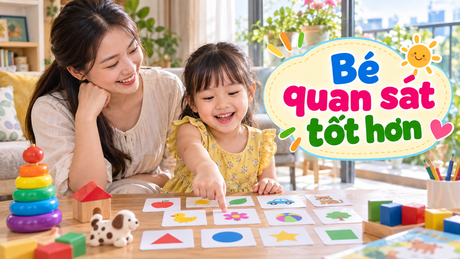 Mẹ và bé chơi thẻ tranh, tìm màu sắc và hình khối trên bàn đồ chơi