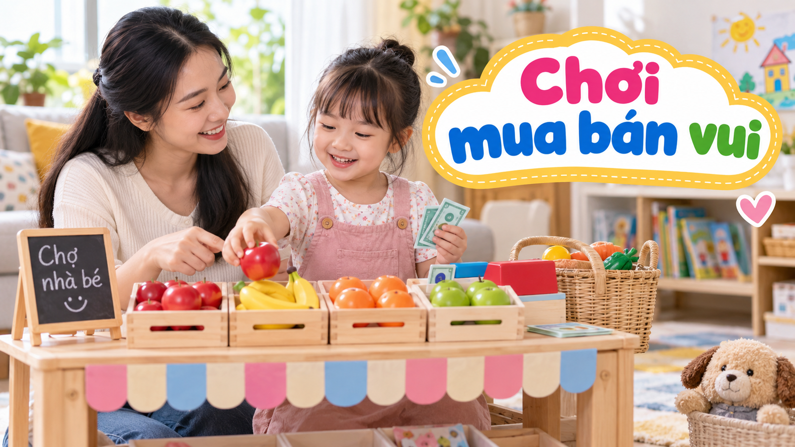 Mẹ và bé chơi cửa hàng giả vờ với trái cây đồ chơi, giỏ và thẻ tiền giấy