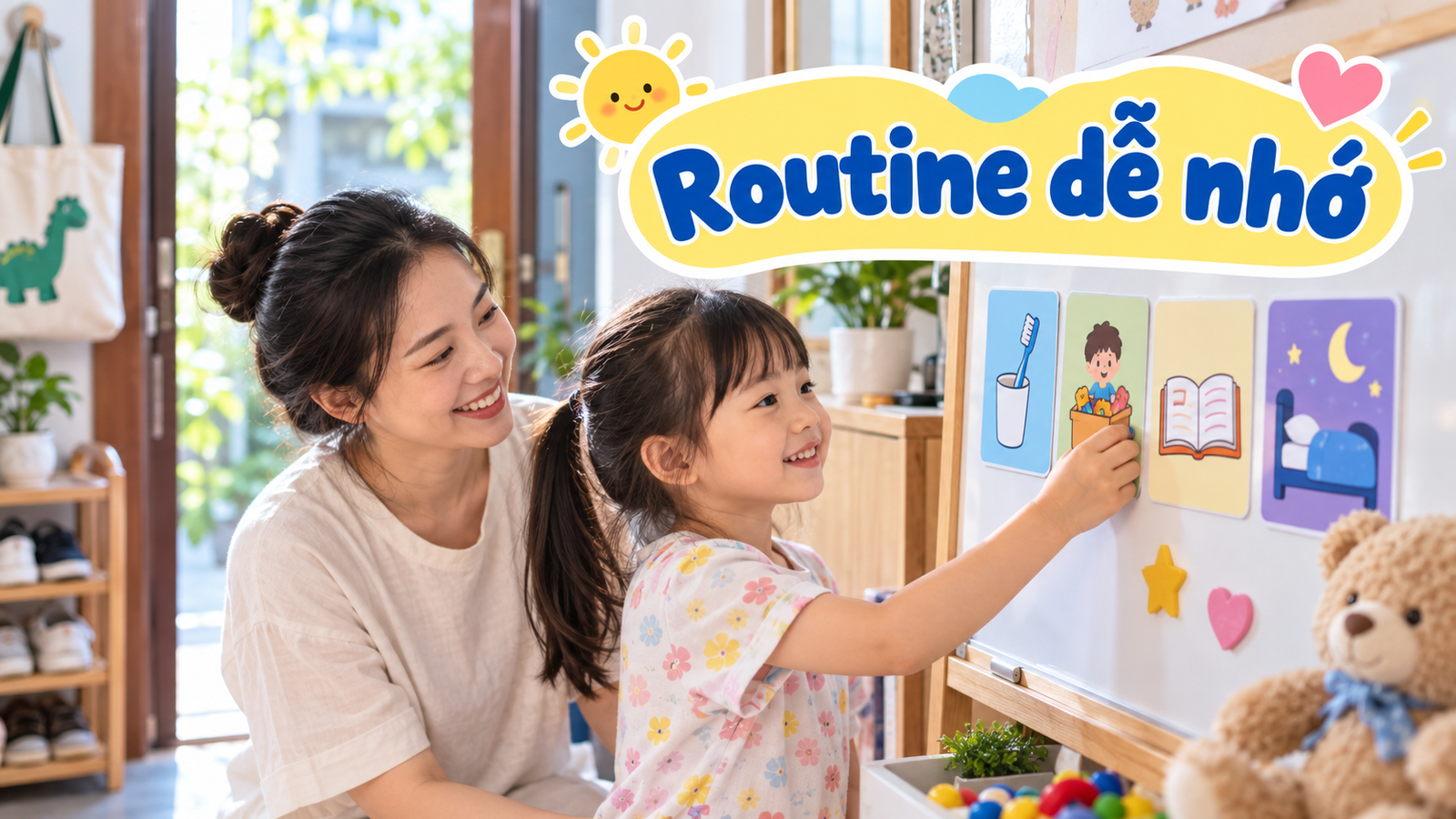 Mẹ và bé xếp thẻ routine hình ảnh cho các việc buổi sáng và buổi tối