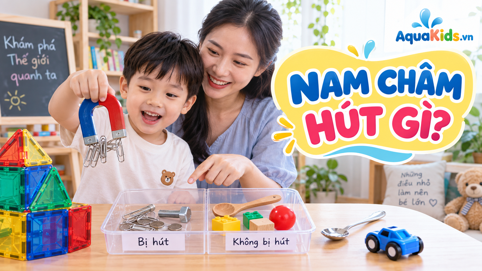 Mẹ và bé dùng nam châm lớn để phân loại đồ vật bị hút và không bị hút