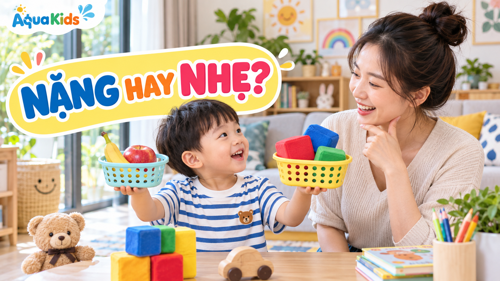 Mẹ và bé so sánh rổ đồ chơi nặng nhẹ tại bàn chơi sáng rõ