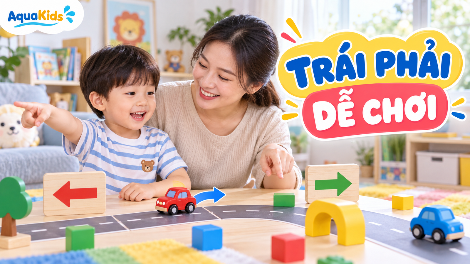 Mẹ và bé chơi xe đồ chơi theo mũi tên trái phải trên bàn