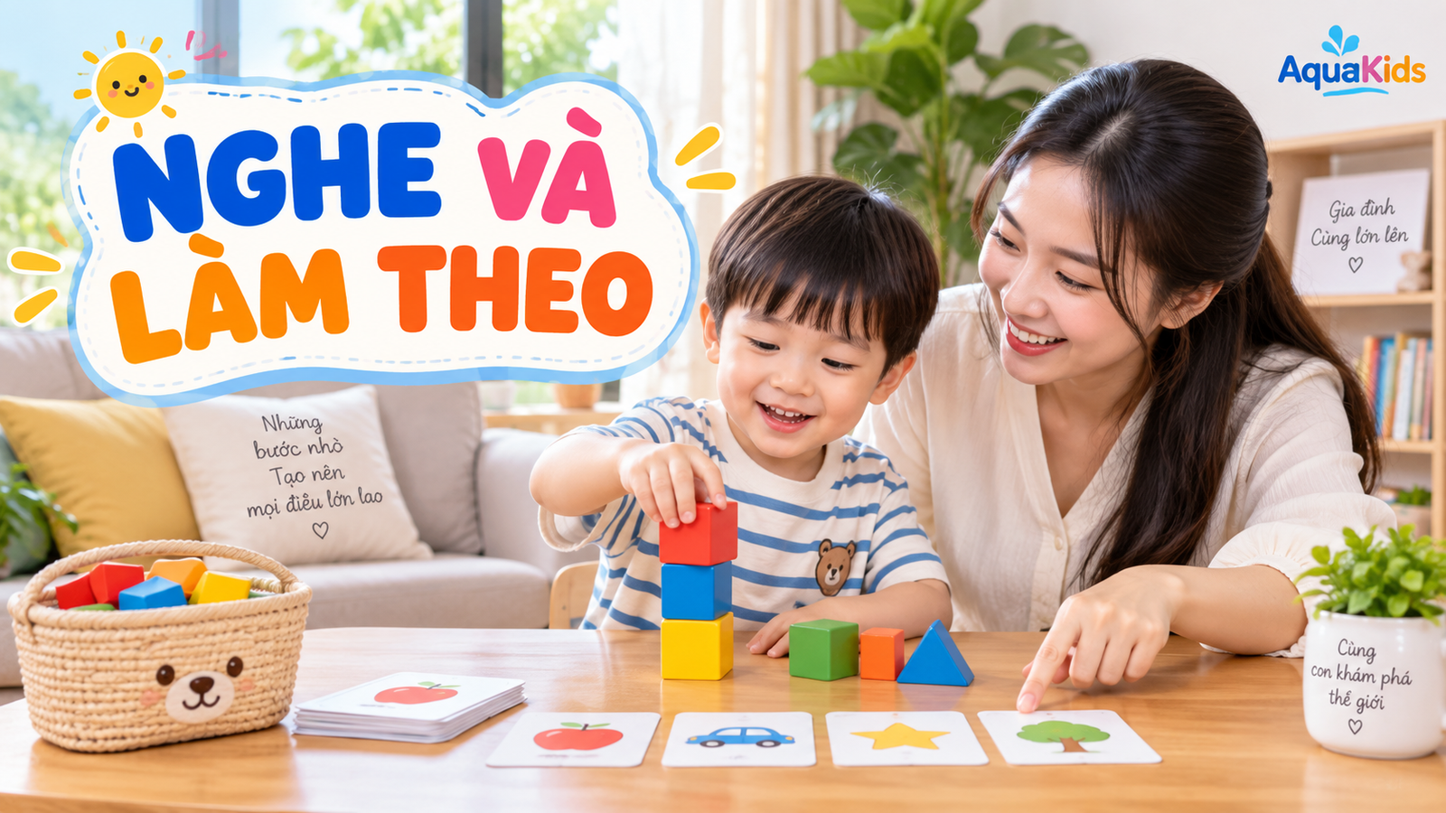 Mẹ và bé chơi trò nghe và làm theo với khối màu và thẻ hình tại bàn
