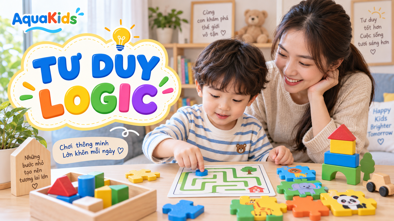 Mẹ và bé chơi mê cung, ghép hình và khối xây để luyện tư duy logic