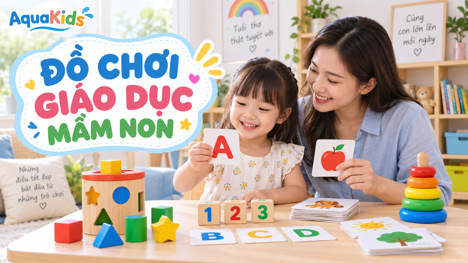 Mẹ và bé chọn thẻ chữ, khối số và đồ chơi xếp hình trong góc chơi mầm non
