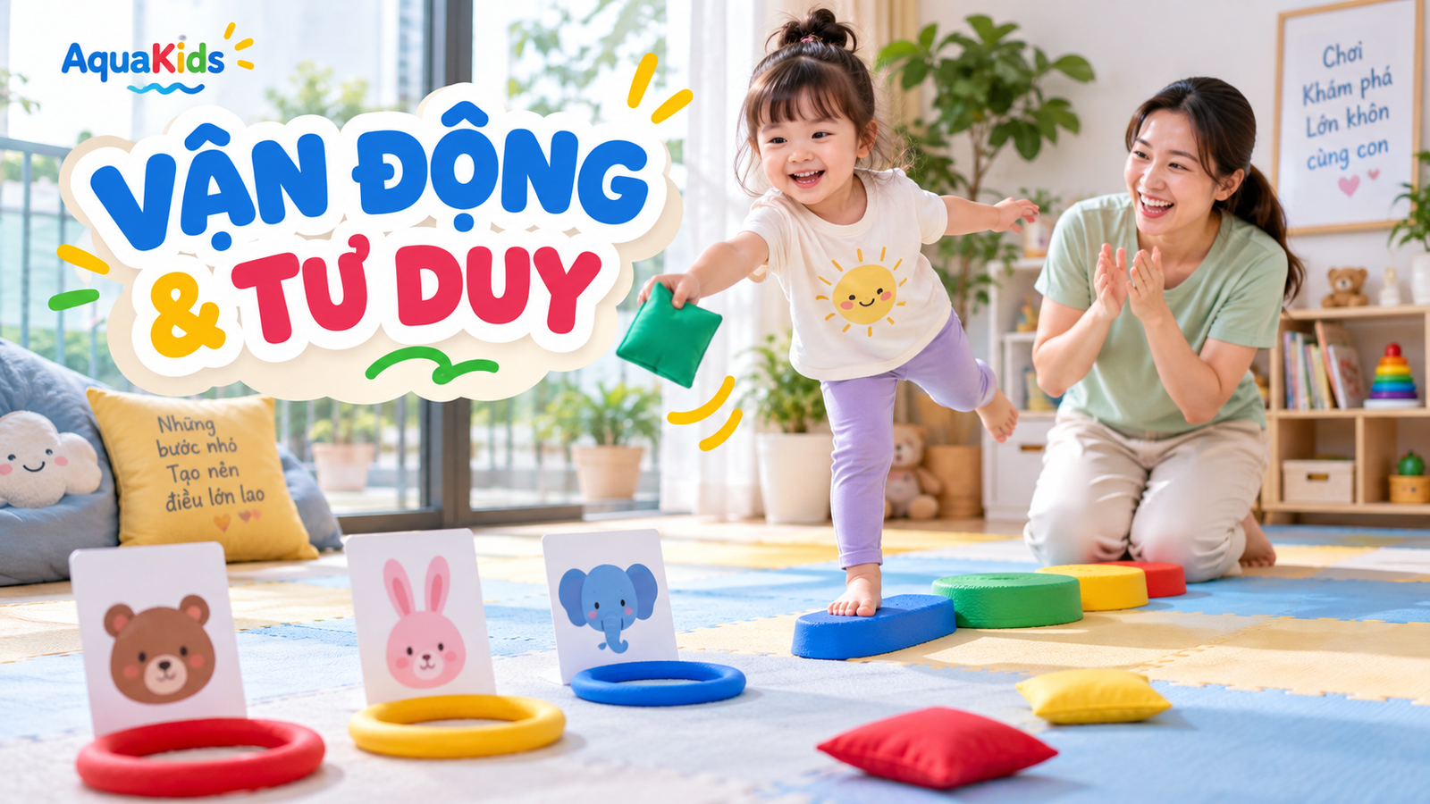 Bé chơi ném vòng và giữ thăng bằng trên thảm mềm với mẹ quan sát