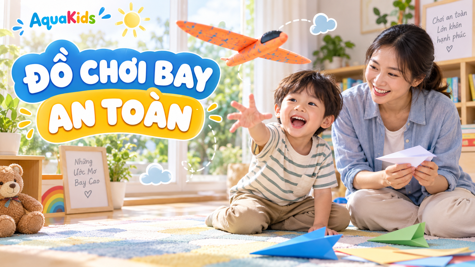 Mẹ và bé chơi máy bay giấy và đồ chơi bay nhẹ trong phòng sáng an toàn