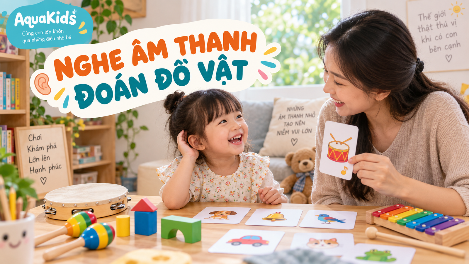 Mẹ và bé chơi nghe âm thanh đoán đồ vật với thẻ hình và nhạc cụ nhỏ