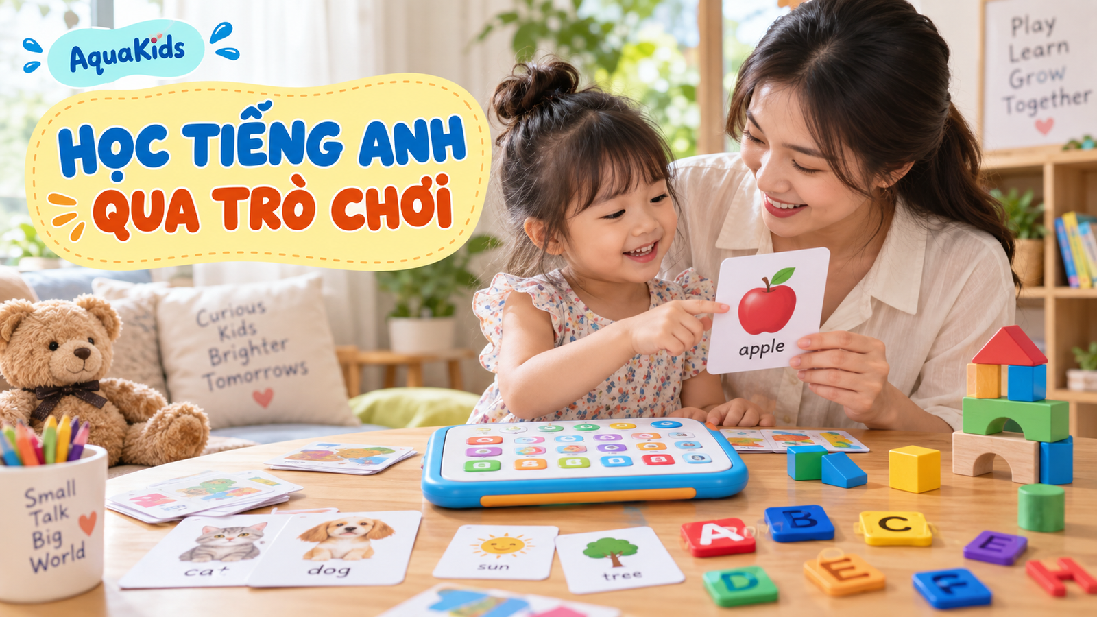 Mẹ và bé học tiếng Anh qua thẻ hình, chữ cái và đồ chơi giáo dục tại bàn