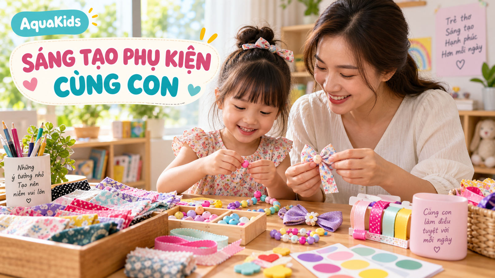 Mẹ và bé sáng tạo phụ kiện bằng hạt lớn, ruy băng và vải màu tại bàn thủ công