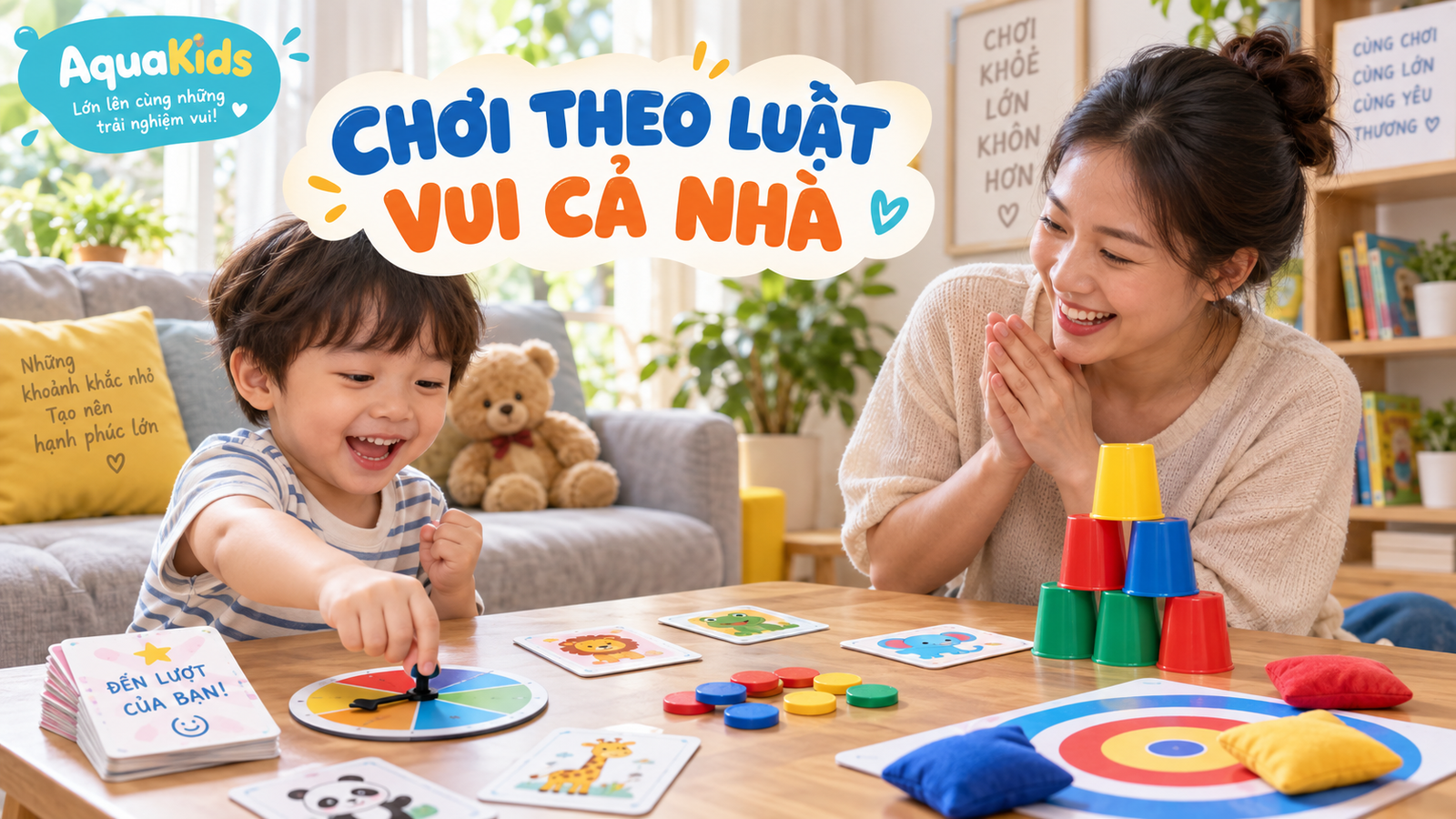 Mẹ và bé chơi trò chơi theo luật với vòng quay, thẻ hình và cốc xếp màu