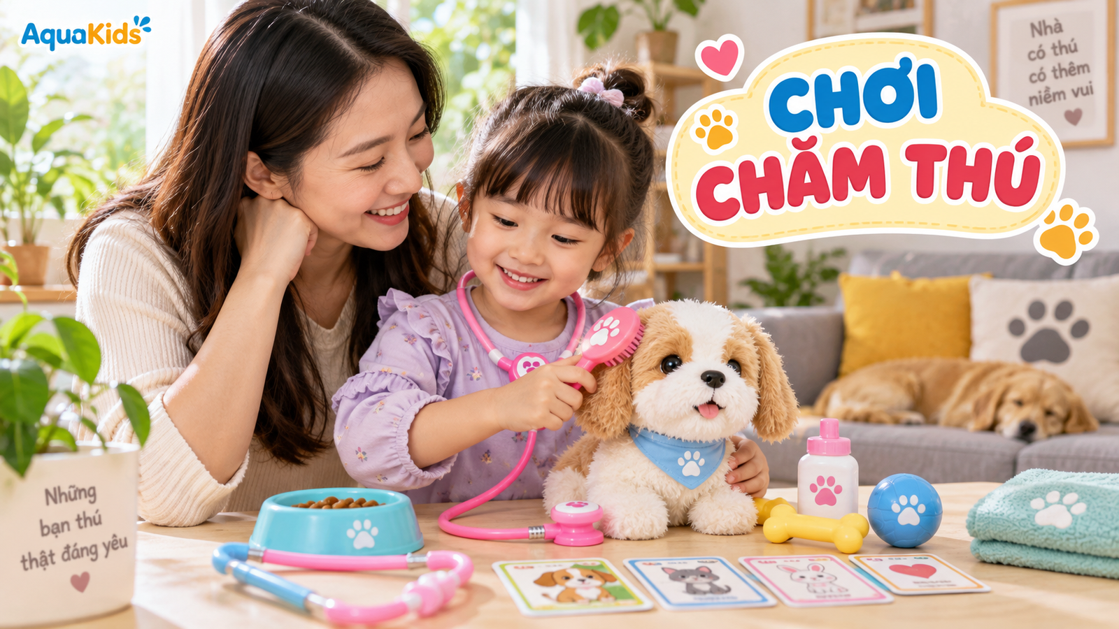 Mẹ và bé chơi chăm sóc thú bông bằng lược, bát ăn và thẻ hình