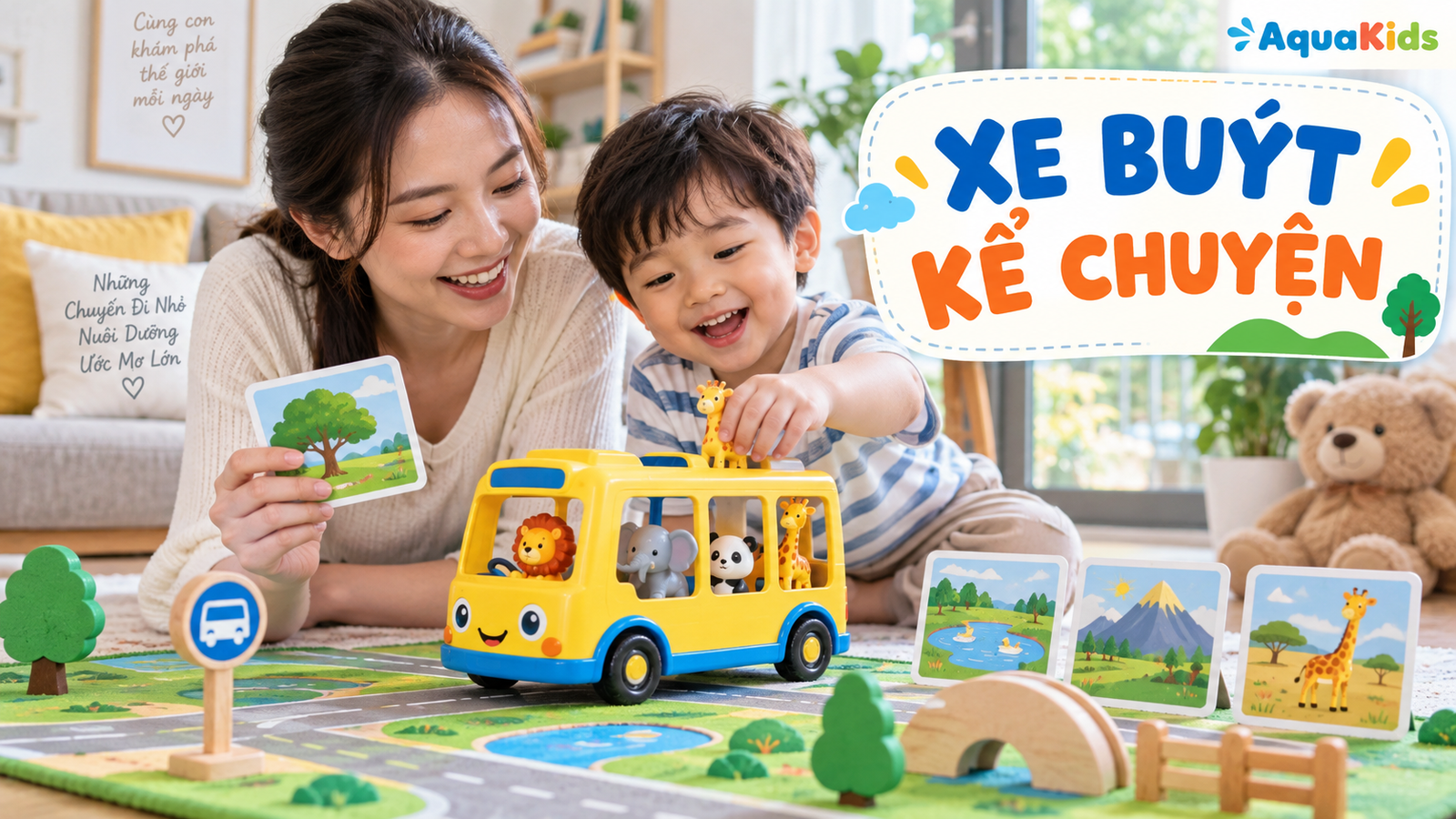 Mẹ và bé chơi xe buýt đồ chơi cùng thẻ điểm dừng và nhân vật nhỏ