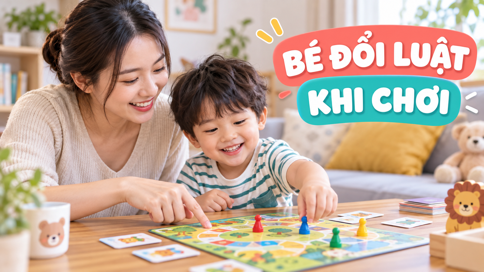 Mẹ và bé chơi bàn cờ nhỏ và nói chuyện về luật chơi