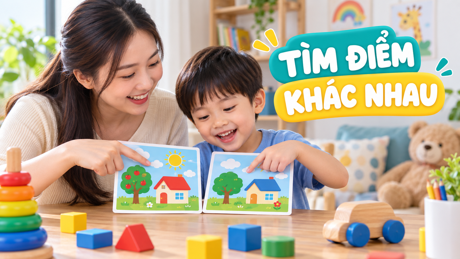 Mẹ và bé tìm điểm khác nhau trên hai thẻ tranh