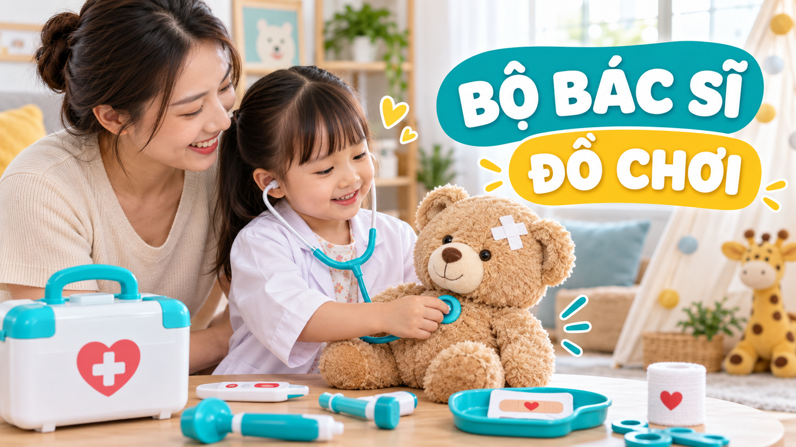 Mẹ và bé chơi bộ bác sĩ đồ chơi với thú bông