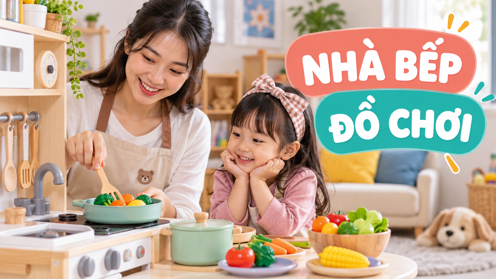 Mẹ và bé chơi nhà bếp đồ chơi với rau củ giả