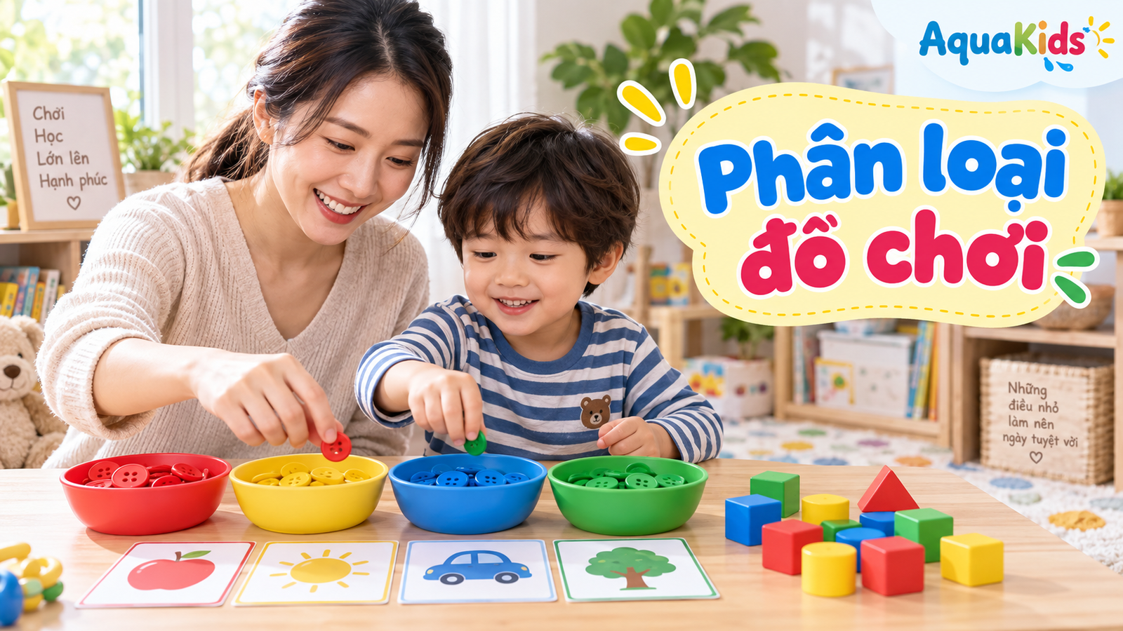Phân loại đồ chơi cho bé: học màu, hình và nhóm đồ vật trong 10 phút
