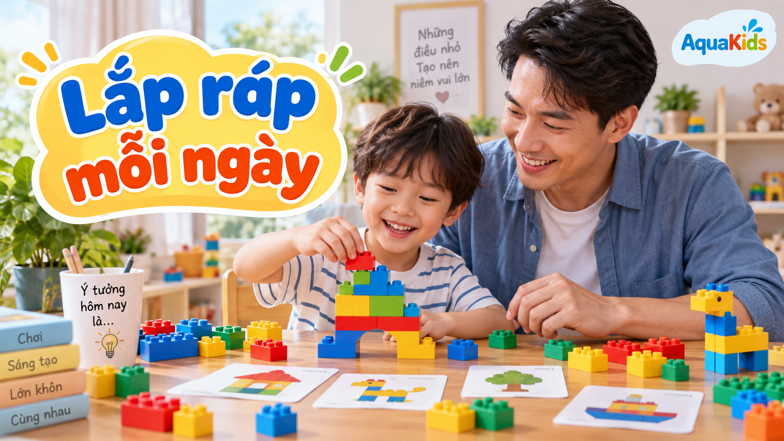 Bố và bé lắp ráp khối màu theo thẻ mẫu trong 10 phút