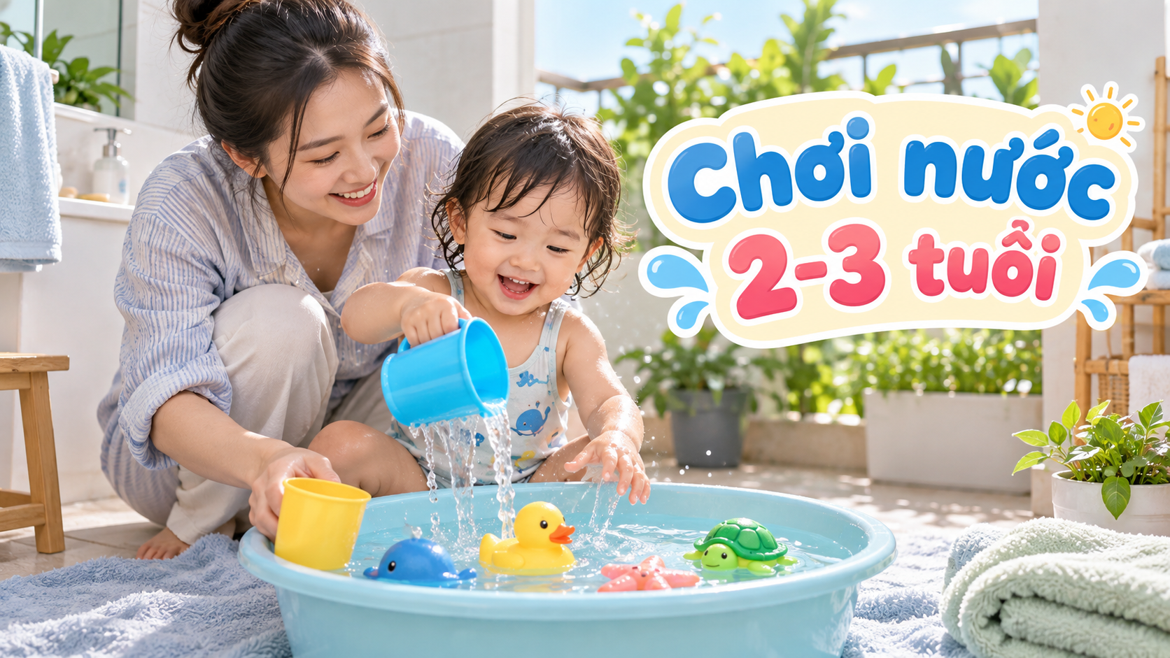 Chơi nước với bé 2-3 tuổi: chuẩn bị chậu nông và dạy con lau khô