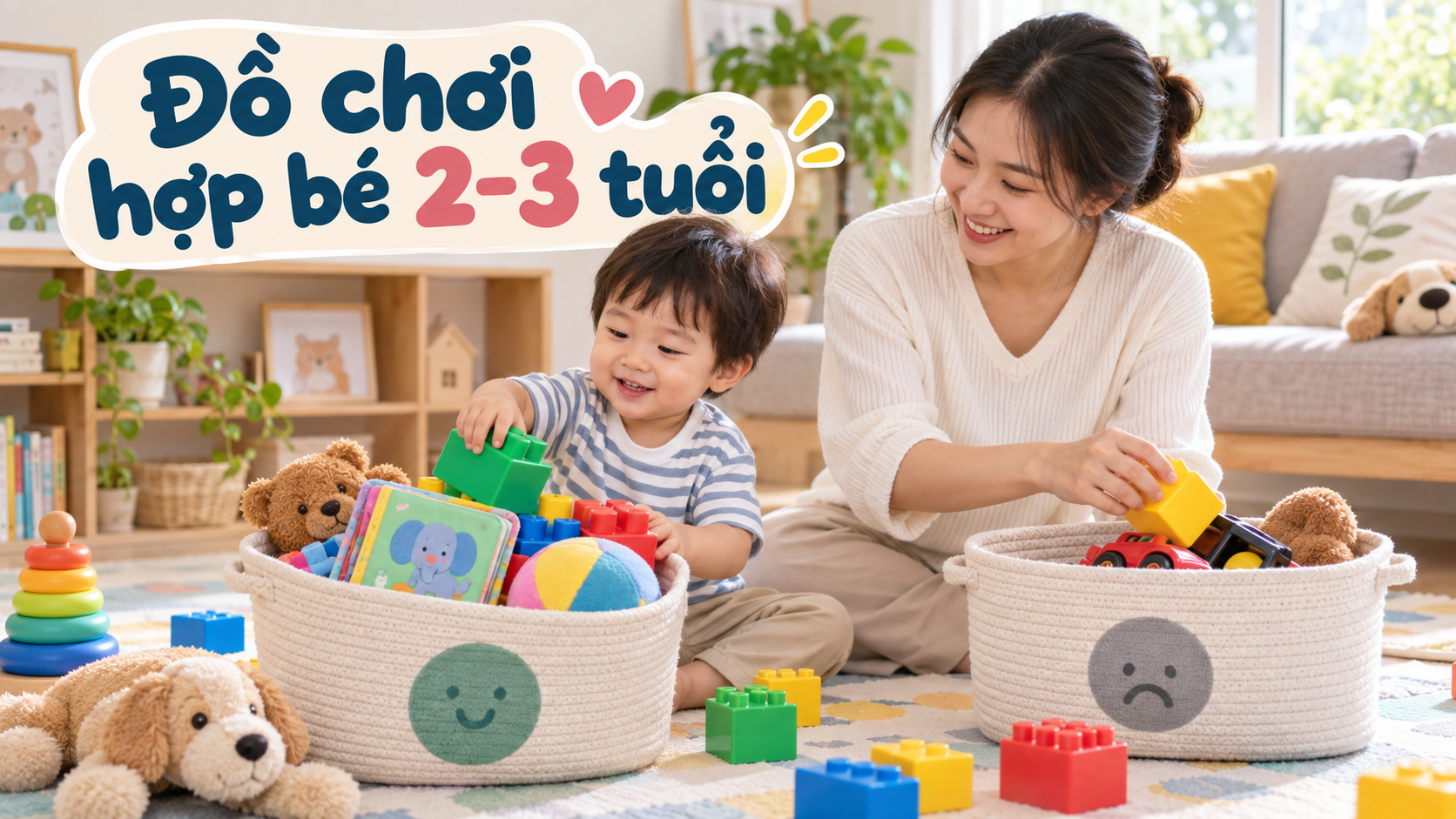 Mẹ và bé 2-3 tuổi phân loại đồ chơi phù hợp vào rổ an toàn