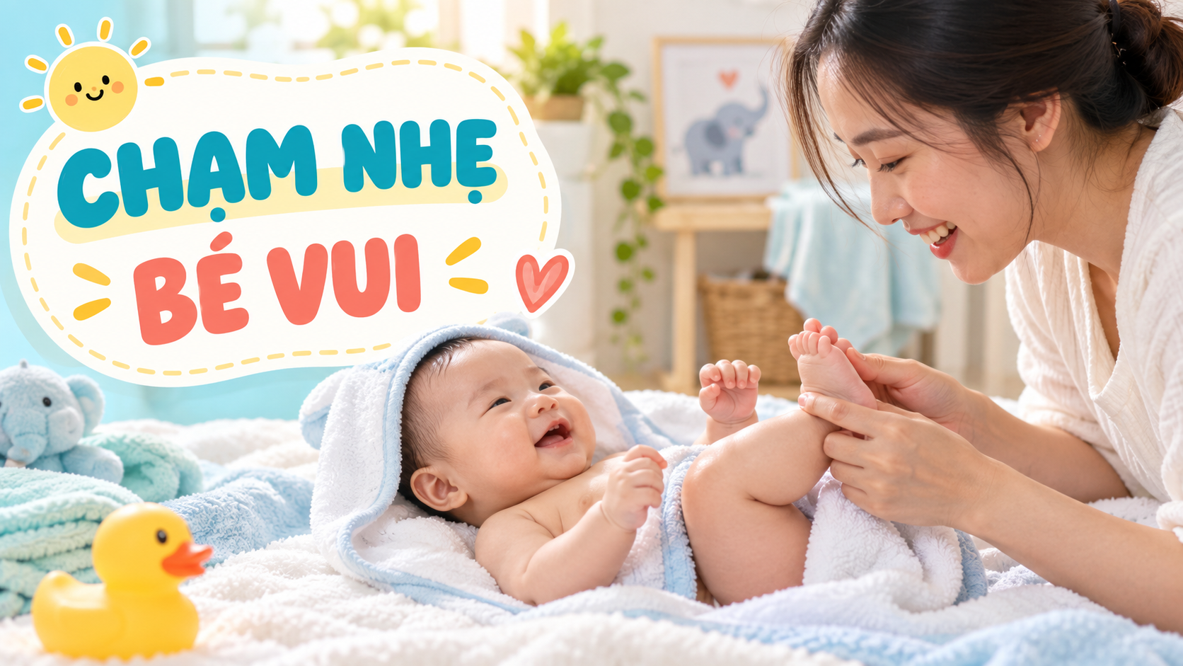 Mẹ chạm nhẹ bàn chân bé 0-6 tháng sau tắm trên khăn mềm