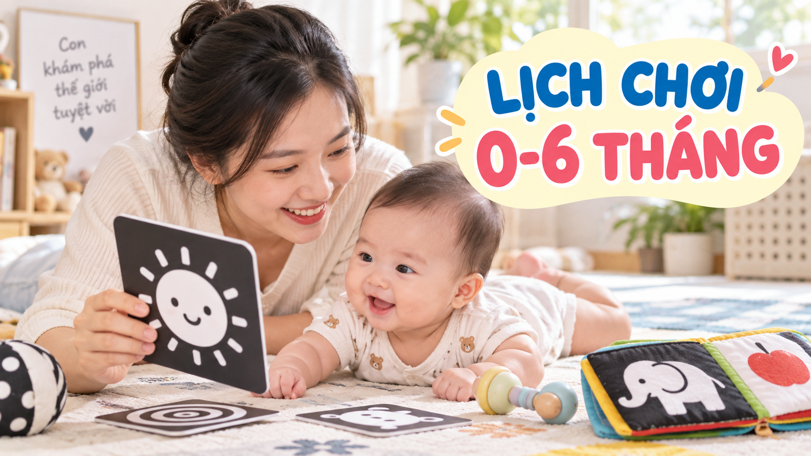 Mẹ chơi thẻ tương phản cùng bé 0-6 tháng trên thảm mềm