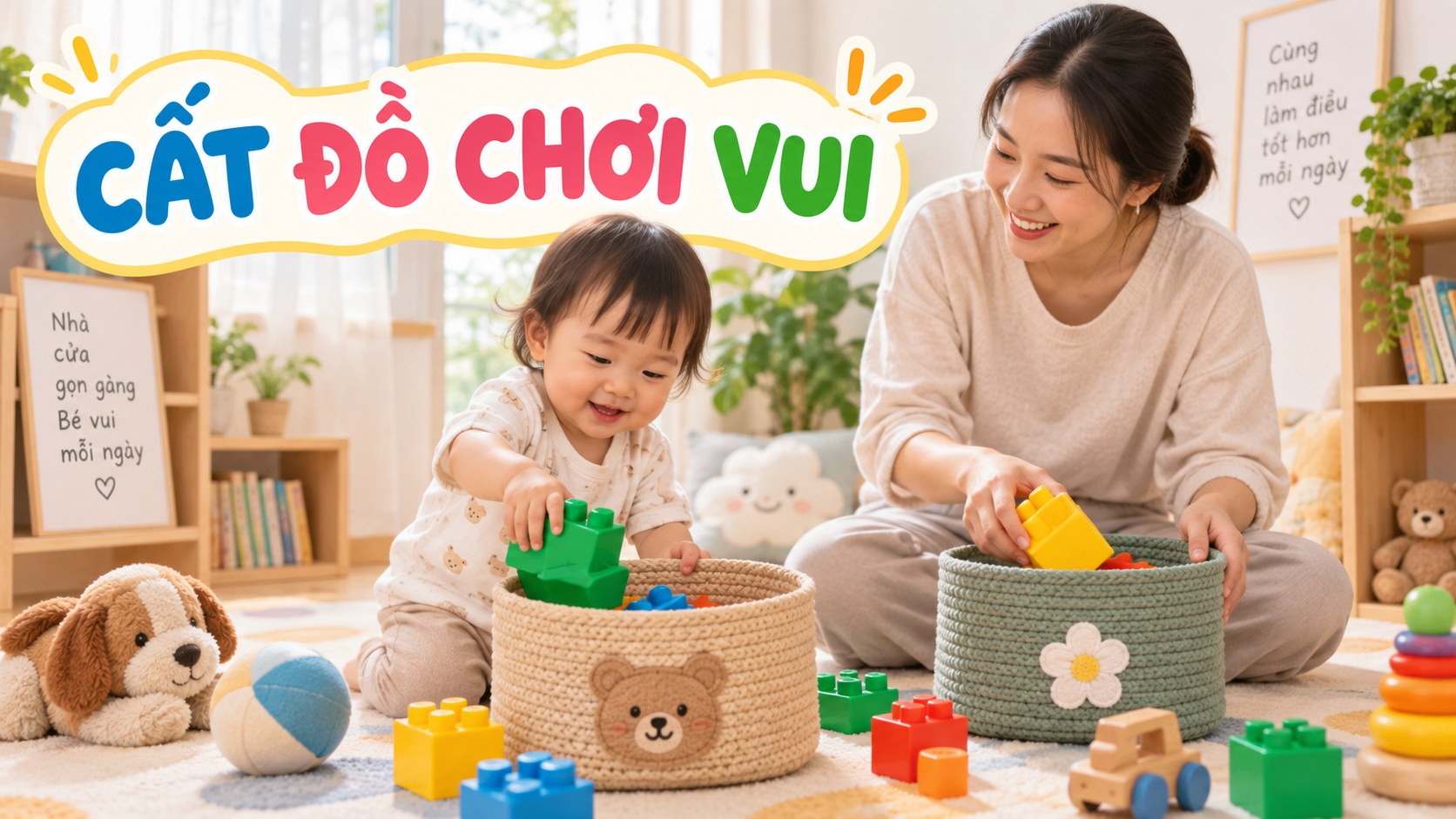 Bé 1-2 tuổi bỏ khối lớn vào rổ đồ chơi cùng mẹ