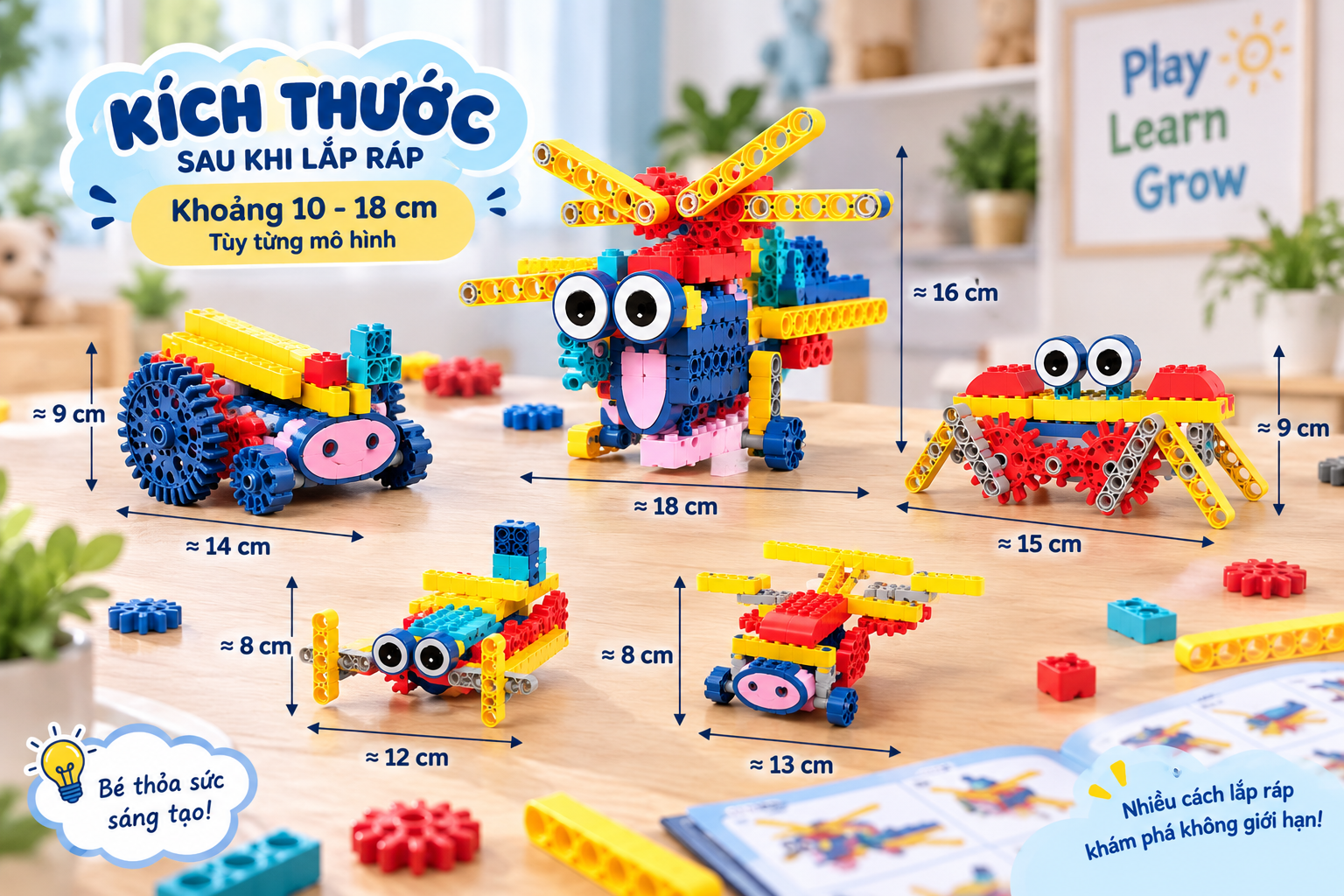 Bộ đồ chơi lắp ráp mô hình có động cơ gạch 3d stem robot cho bé Aquakids - Ảnh kích thước sản phẩm
