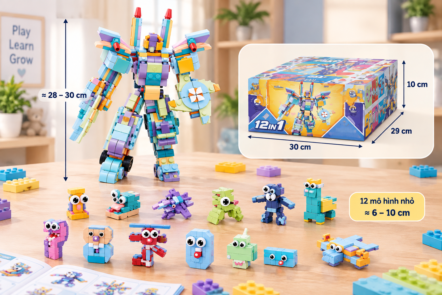 Mô hình robot cảnh sát chữ số lắp ráp thông minh 12 in 1 cho bé Aquakids - Ảnh kích thước sản phẩm