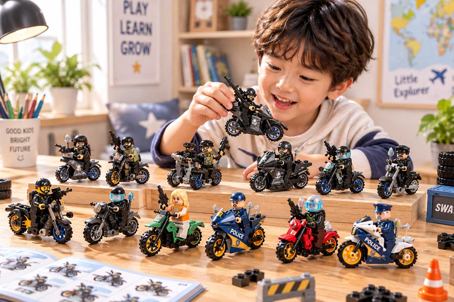 Mô hình lắp ráp swat xe mô tô cảnh sát mini giá rẻ 12 in 1 cho bé thông minh sáng tạo Aquakids - Ảnh lifestyle / cách chơi