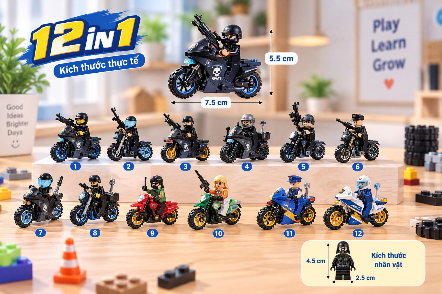Mô hình lắp ráp swat xe mô tô cảnh sát mini giá rẻ 12 in 1 cho bé thông minh sáng tạo Aquakids - Ảnh kích thước sản phẩm