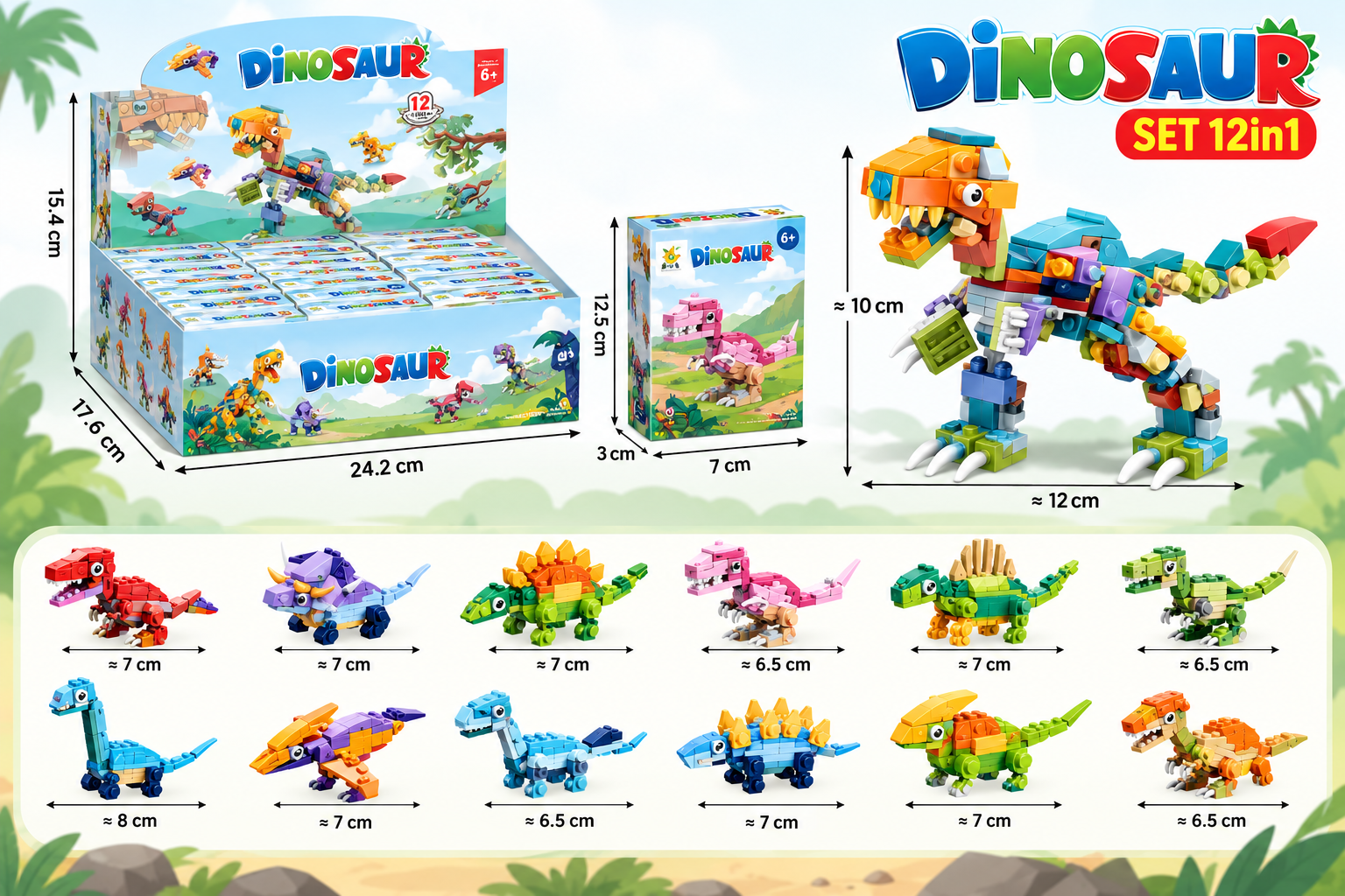 Mô hình lắp ráp Khủng long T-Rex bạo chúa set 12 in 1 xếp hình thông minh quà tặng cho bé cỡ lớn Aquakids - Ảnh kích thước sản phẩm
