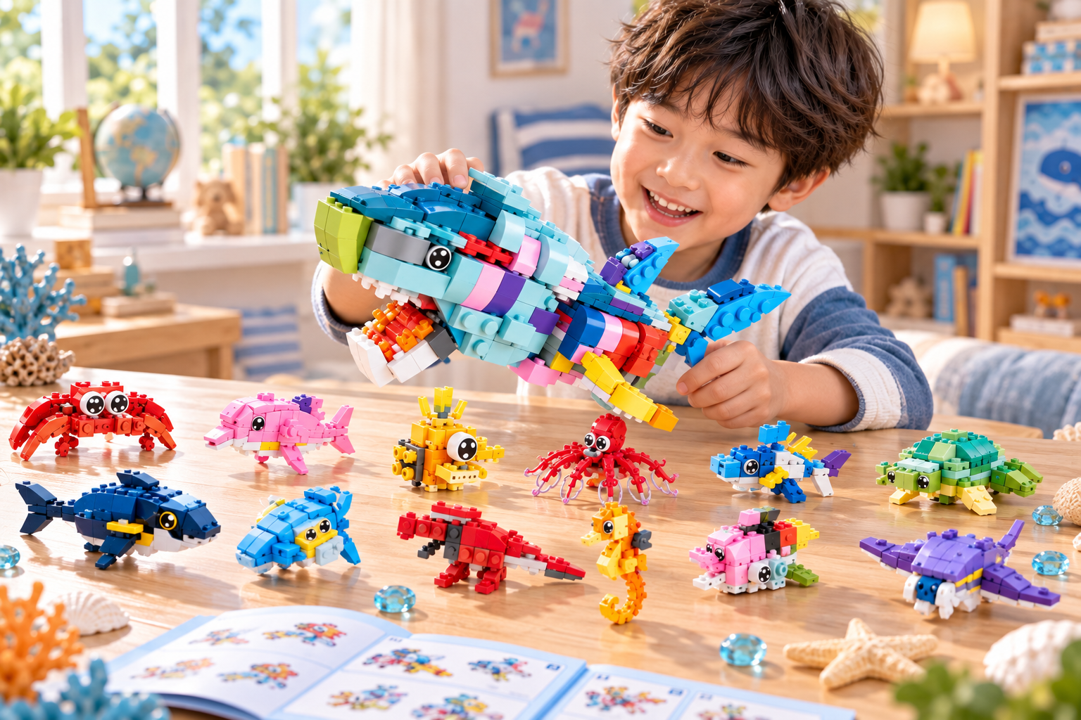 Mô hình lắp ráp cá mập set 12 in 1 xếp hình thông minh quà tặng cho bé cỡ lớn giá rẻ Aquakids  - Ảnh lifestyle / cách chơi